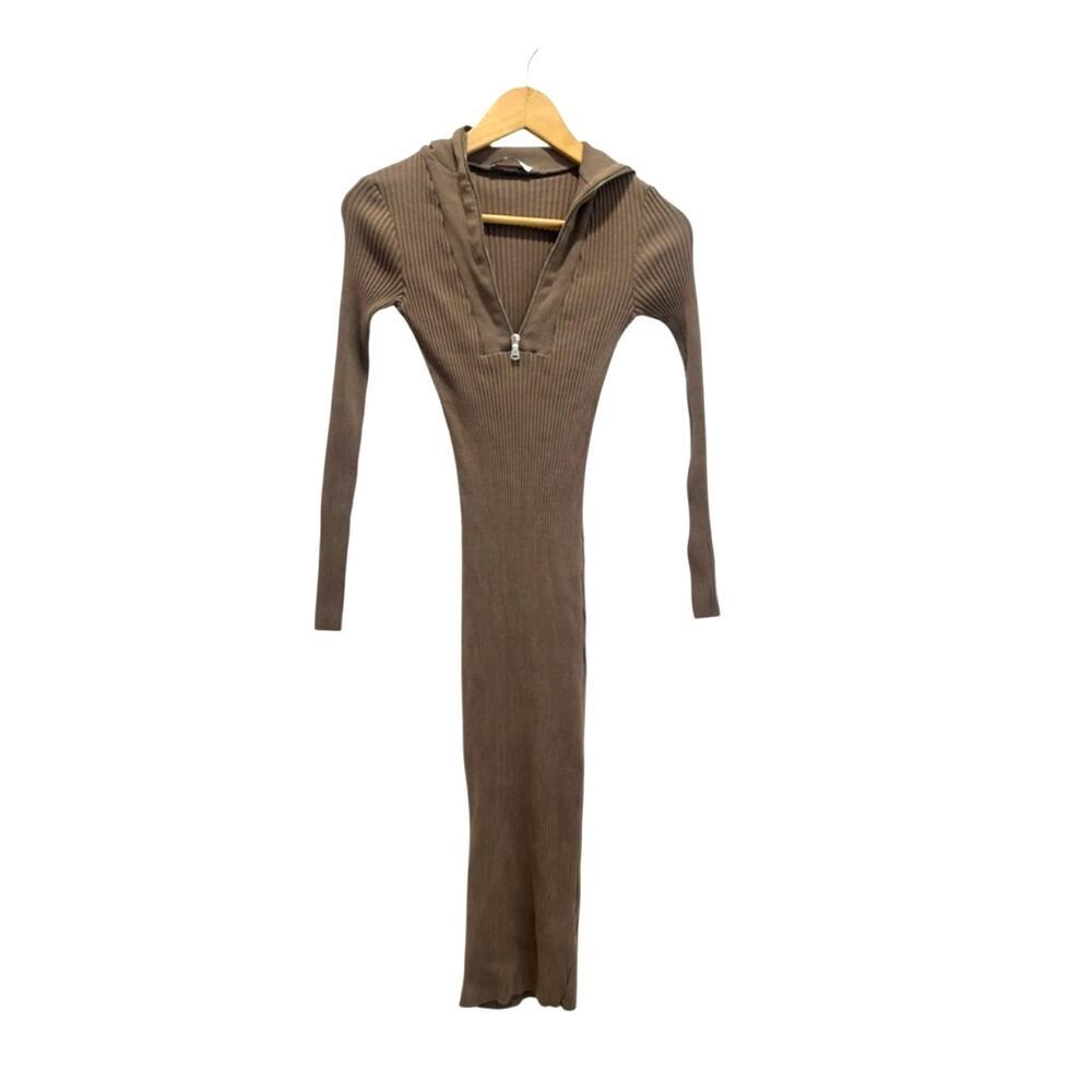 Zara Ribbed Knit Maxi Dress Brown Zip Collar 90s Minimalist CBK Style - Picture 6 of 9